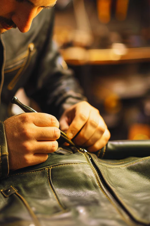 Leather jacket making process at BFI Leathers showing skilled craftsmanship and premium material detailing.