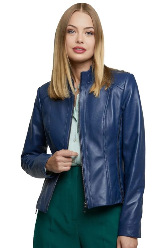 Sandra Women’s Blue Cafe Racer Leather Jacket