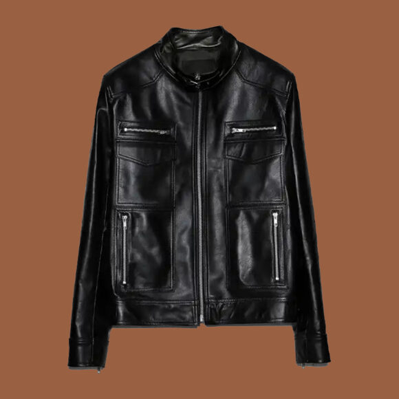 Men's Band Collar Biker Leather Jacket
