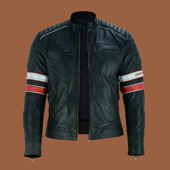 Men’s Red and White Striped Cafe Racer Leather Jacket