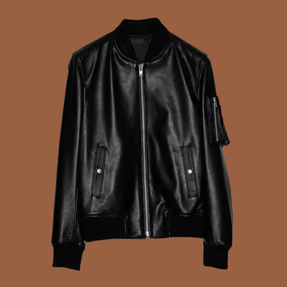 Men's Sheepskin Black Leather Bomber Jacket