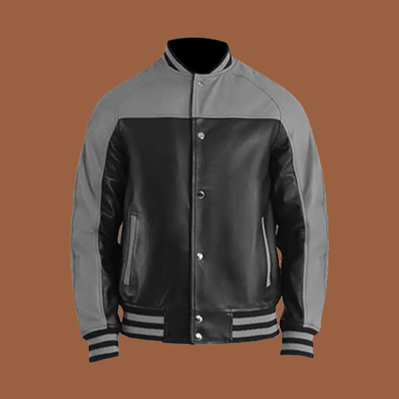 Men’s Grey Black Leather Varsity Jacket