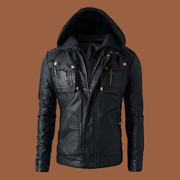 Men’s Detachable Hoodie Black Biker Leather Jacket