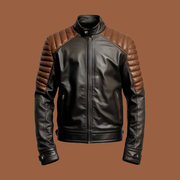 Men's Brown Black Cafe Racer Leather Jacket