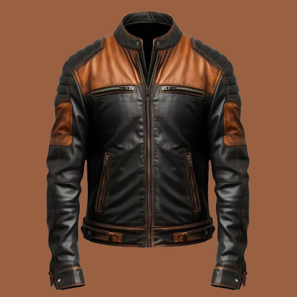 Men's Black & Tan Brown Biker Leather Jacket
