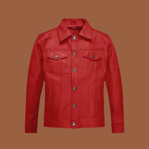 Men’s Red Trucker Leather Jacket