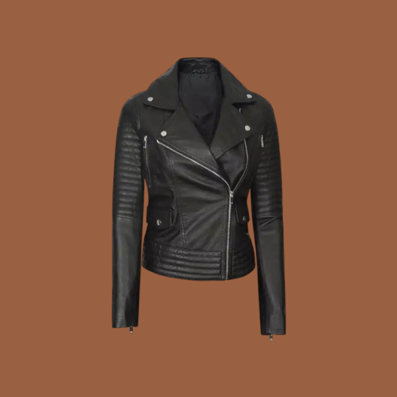 Women’s black asymmetrical biker leather jacket
