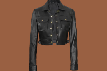 Women’s black cropped leather trucker jacket