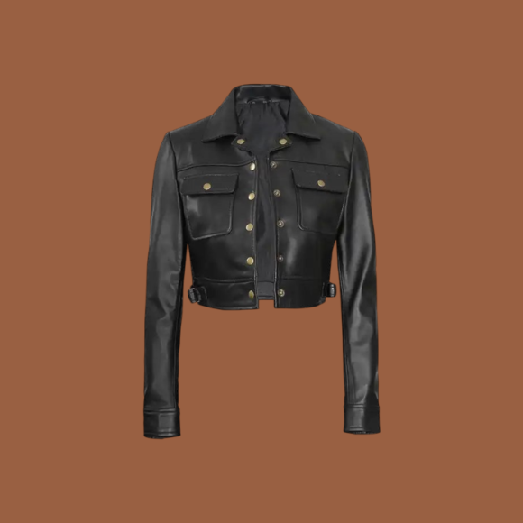 Women’s black cropped leather trucker jacket