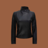 Women’s black flap‑closure café racer leather jacket