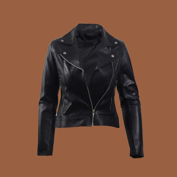 Women’s black leather biker jacket