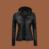 Women’s black leather jacket with removable hood
