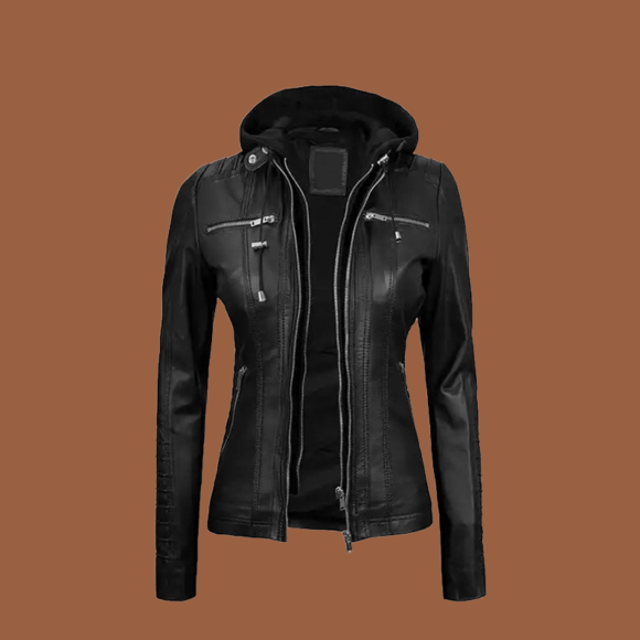 Women’s black leather jacket with removable hood