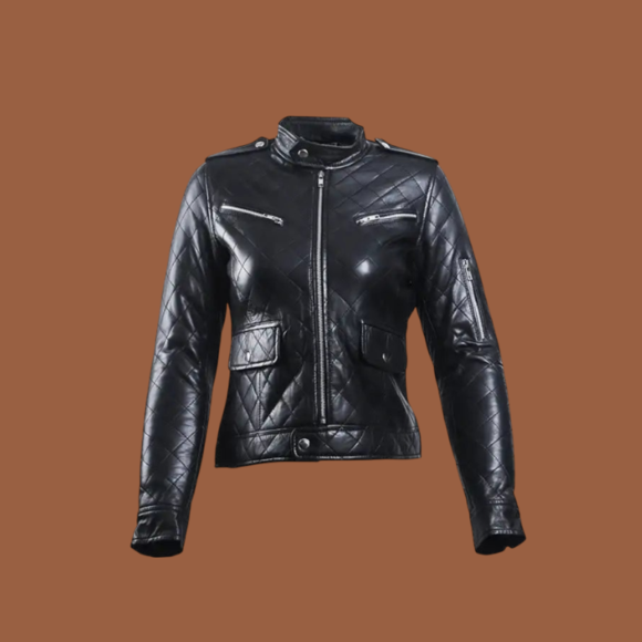 Women’s black leather puffer jacket
