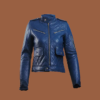 Women’s blue leather puffer jacket with quilted insulation