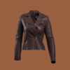 B. F. I. Leathers women’s dark brown genuine leather biker jacket with an asymmetric zip, zip pockets, and a sleek, tailored silhouette for confident style.