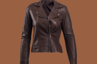 B. F. I. Leathers women’s dark brown genuine leather biker jacket with an asymmetric zip, zip pockets, and a sleek, tailored silhouette for confident style.