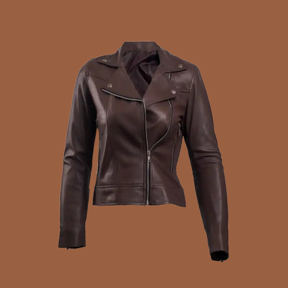 B. F. I. Leathers women’s dark brown genuine leather biker jacket with an asymmetric zip, zip pockets, and a sleek, tailored silhouette for confident style.
