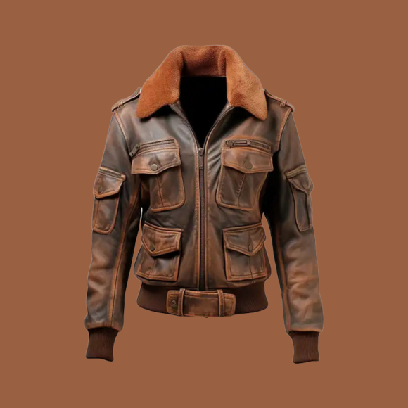 women’s distressed brown leather bomber jacket