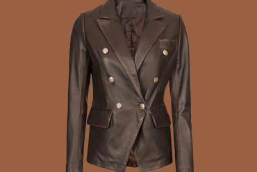Women’s double-breasted brown leather blazer jacket