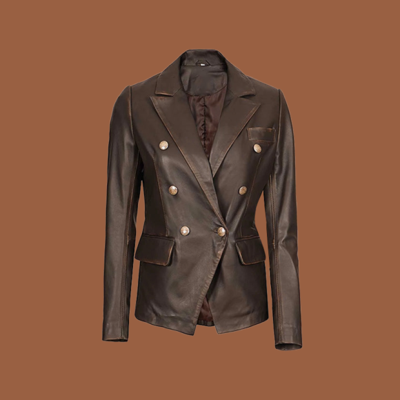Women’s double-breasted brown leather blazer jacket