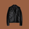 Women’s double‑zipper black leather biker jacket