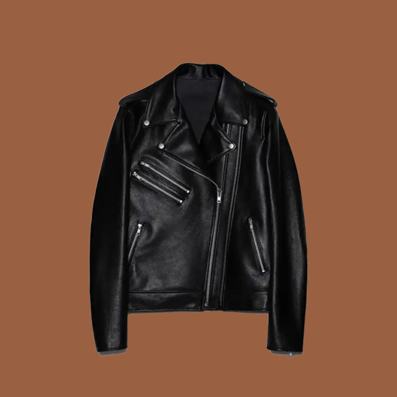 Women’s double‑zipper black leather biker jacket