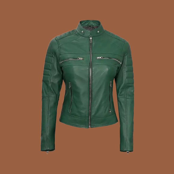 Women’s green café racer leather jacket