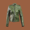 Women’s green leather puffer jacket with quilted padding