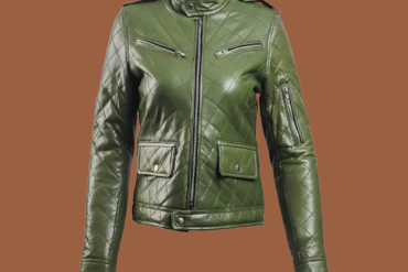 Women’s green leather puffer jacket with quilted padding