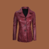 Women’s maroon leather blazer with three‑button front and lapel collar — genuine leather outerwear for women.