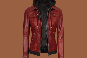 Women’s maroon leather jacket with removable hood and zip-front closure — genuine leather outerwear for women.