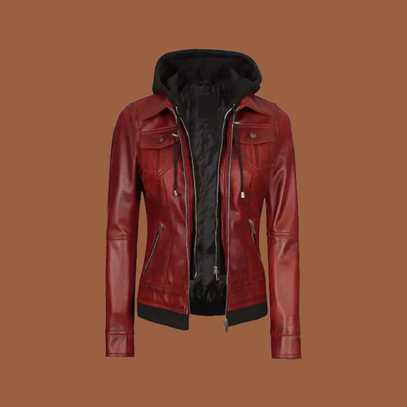 Women’s maroon leather jacket with removable hood and zip-front closure — genuine leather outerwear for women.
