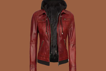 Women’s maroon leather jacket with removable hood