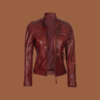 Women’s maroon quilted café‑racer leather jacket with zip‑front and moto styling — genuine leather outerwear.