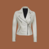 Women’s white leather moto‑style jacket with asymmetrical zip front and stand collar — genuine leather outerwear for women.