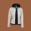Women’s off‑white leather jacket with hood and zip‑front closure — genuine leather outerwear for women.