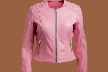 Women’s pink biker leather jacket with asymmetrical zipper