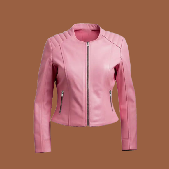 Women’s pink biker leather jacket with asymmetrical zipper