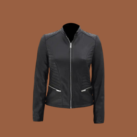 Women’s quilted black leather jacket