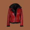 Women’s red bomber shearling leather jacket with hood