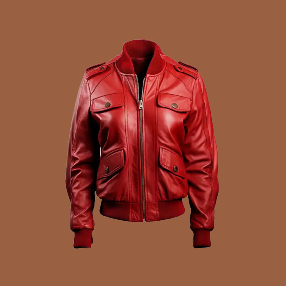 Women’s red leather bomber jacket with strap pockets