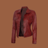 Women’s red leather trucker jacket