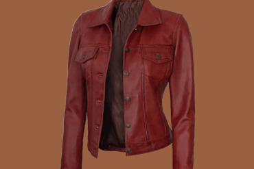 Women’s red leather trucker jacket