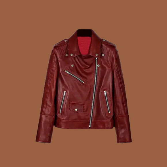 Women’s red runway biker leather jacket