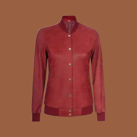 Women’s maroon leather bomber jacket with rib-knit collar, cuffs, and hem — stylish genuine leather outerwear for women.