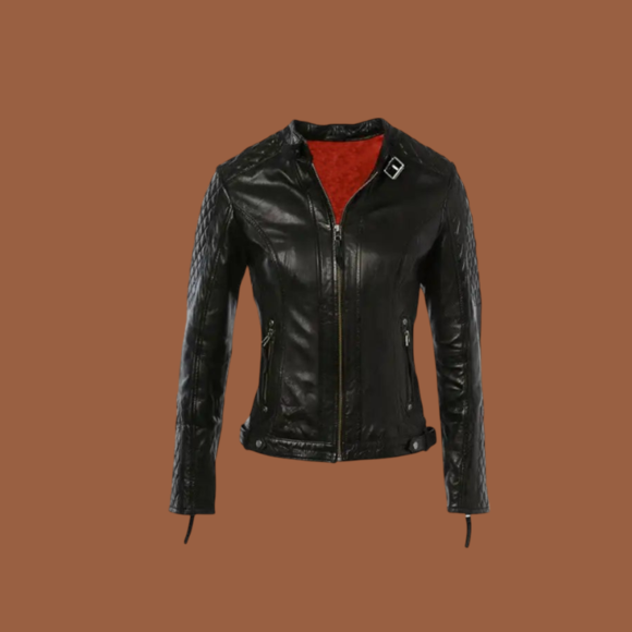 Women’s short quilted shoulder black leather jacket in black