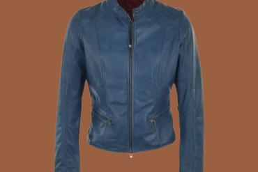 Women’s simple blue moto leather jacket