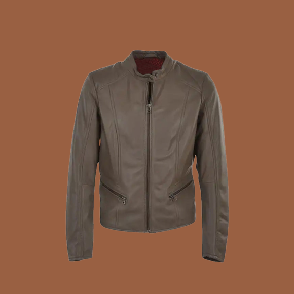 Women’s simple chocolate‑brown moto leather jacket
