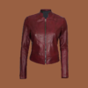 Women’s slim-fit maroon leather biker jacket with zip-front closure and tailored silhouette — genuine leather outerwear for women.